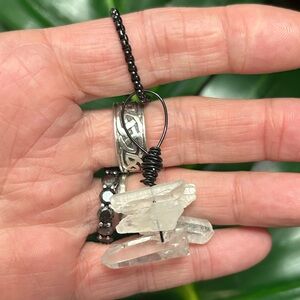 cluster aura quartz wire wrapped crystal pendant stainless steel necklace